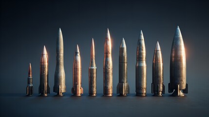 A series of missiles are shown in various sizes and angles