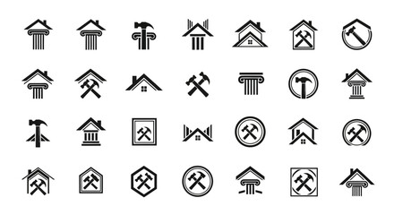 Architectural construction and renovation logo set featuring house elements and hammer tools