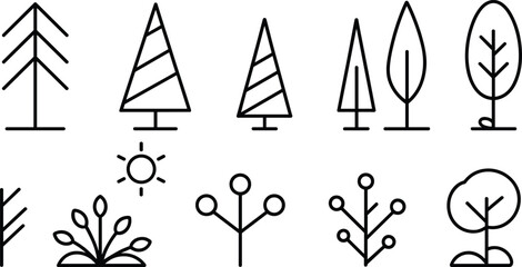 Minimalist tree and nature icon collection featuring simple botanical line art designs for ecology, environment, landscape, and graphic projects