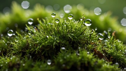 Fresh green moss with sparkling water droplets, vivid macro nature background
