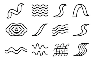 Obraz premium Dynamic Flow Icons. Flow Concepts Set linear icon set: motion ribbon, seamless wave, drifting stripe, fluid arc, ripple field, soft current line, harmonic drift, flow curve, smooth
