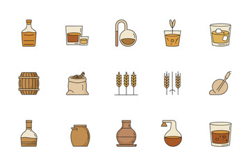 Collection of icons representing whiskey production and consumption