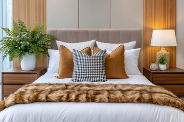 Cozy bedroom interior design featuring faux fur throw