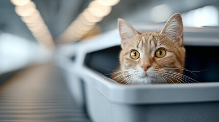 Curious cat observing from an airport security bin in a busy terminal scene