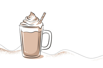Hand drawn illustration of a tall glass of iced coffee with whipped cream and straw