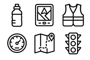 Road Trip Essentials. Road Essentials linear icon set. water bottle, GPS device, reflective vest, traffic light, speedometer, route map