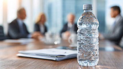Close-up of a water bottle on a conference table with blurred professionals discussing in the background highlighting corporate environment business collaboration teamwork and a modern office setting