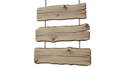 Three rustic wooden planks hanging vertically with rough edges isolated on transparent background