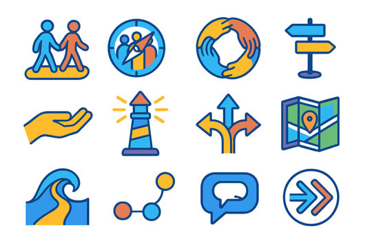 Community Icon Collection. Community Guidance flat icon set: shared path icon, group compass, supportive circle, direction post, outreach hand, community beacon, clarity arrows