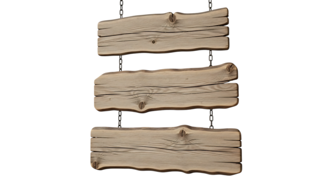 Three rustic wooden planks hanging vertically with rough edges isolated on transparent background
