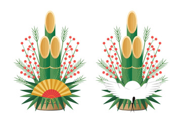 Traditional japanese kadomatsu new year decorations with crane and fan