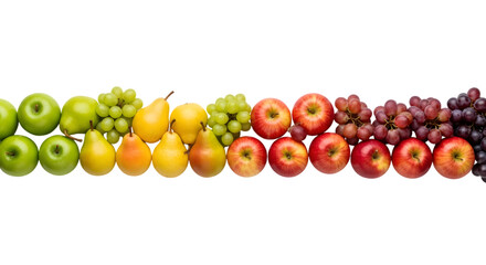 Fresh fruit gradient with green apples, pears, and red grapes isolated on transparent background
