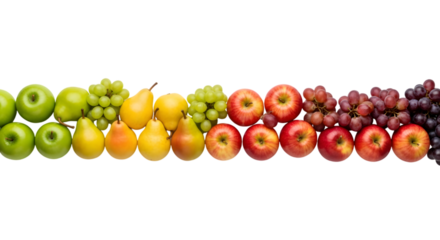 Fresh fruit gradient with green apples, pears, and red grapes isolated on transparent background