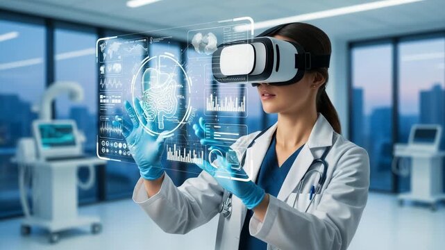 Female doctor using vr headset to analyze holographic medical data in a modern clinic - Powered by Adobe