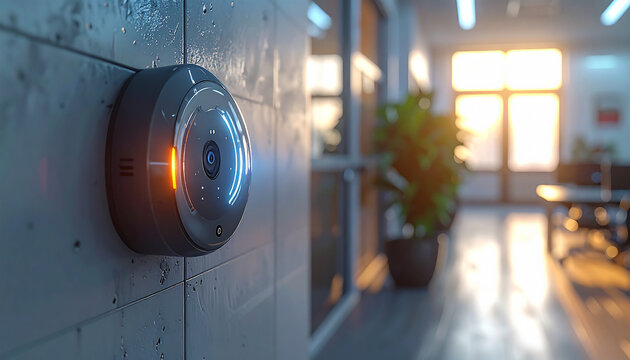 Security Surveillance in Office: A modern security camera mounted on a wall in a contemporary office setting, providing watchful surveillance, complemented by natural lighting and an indoor plant. 