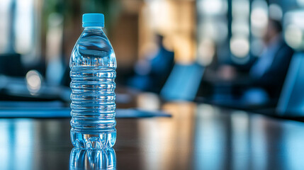 Close-up of a water bottle on a conference table with blurred professionals discussing in the background highlighting corporate environment business collaboration teamwork and a modern office setting