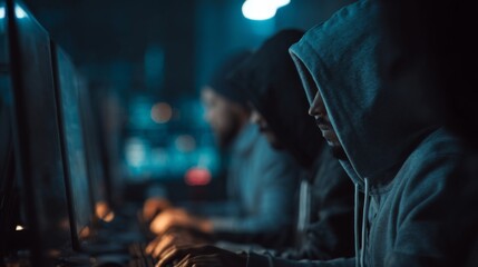Group of Individuals in Hoodies Engaged in Suspicious Activities at Computer Workstations in a Dark Environment