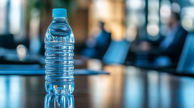 Close-up of a water bottle on a conference table with blurred professionals discussing in the background highlighting corporate environment business collaboration teamwork and a modern office setting
