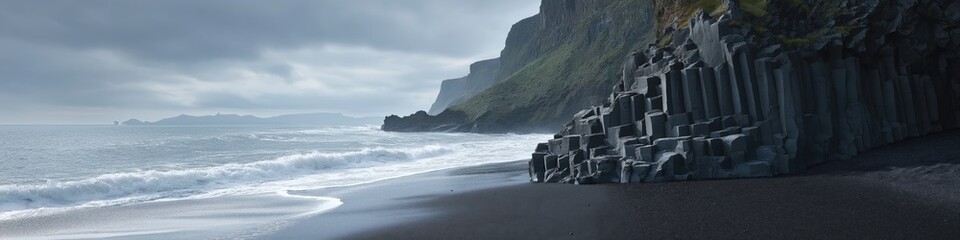 Basalt columns at reynisfjara black sand beach with dramatic cliffside and ocean waves