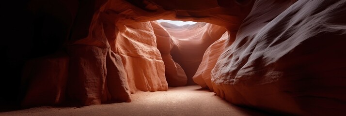 Majestic sandstone canyon with sunlit path and smooth rock walls