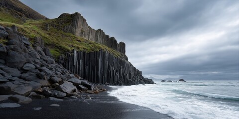 Dramatic coastal basalt columns and rugged cliffs in iceland's scenic seaside