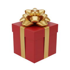 Red gift box with shiny golden bow and ribbon