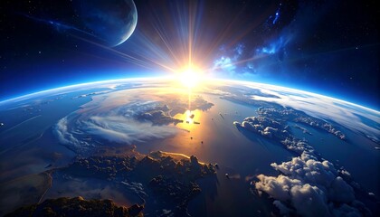 A breathtaking view from space showcasing Earth's curved form, sun rays piercing through the atmosphere, and a distant celestial body