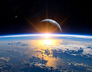 A breathtaking view of Earth's horizon, partially eclipsed by the moon, during a brilliant sunrise over a cloudy atmosphere