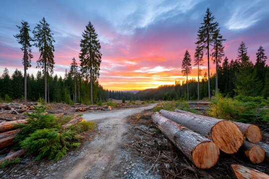 Deforestation logging site with felled trees at sunset
