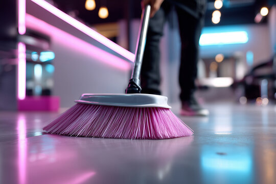 Faceless hairdresser sweeping cut hair from the salon floor, body shown from the neck down, background slightly defocused with a soft neon glow, calm end-of-shift atmosphere, with