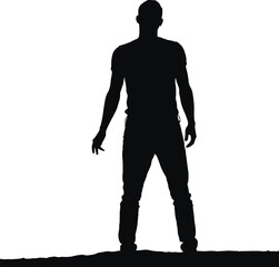 Silhouette of standing man on ground, isolated male figure posing against white background, dramatic shadow minimal style