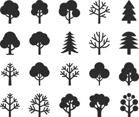 Fototapeta premium Silhouette tree icon collection featuring diverse forest shapes and botanical elements for nature, ecology, environment, and design use