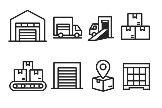 Warehouse Distribution Icons. Distribution center concept linear icon set: large warehouse, loading dock, truck ramp, parcel boxes, conveyor, door, map marker, inventory crate