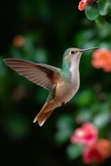 Fototapeta premium Vibrant hummingbird hovering amid colorful blossoms in lush garden