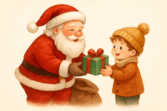 Santa Claus Giving Gifts to a Child &ndash; Cute Watercolor Christmas Illustration
