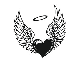 Fototapeta premium A striking black heart adorned with feathered angel wings and a simple halo above, rendered in a classic tattoo style