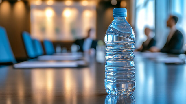 Close-up of a water bottle on a conference table with blurred professionals discussing in the background highlighting corporate environment business collaboration teamwork and a modern office setting
