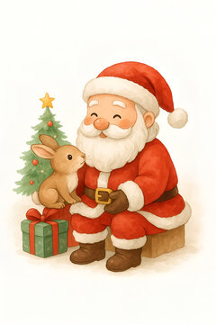 Illustration Santa Meeting Cute Winter Rabbit
