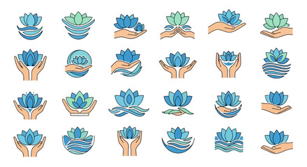 Collection of minimalist lotus flower and hands vector logo designs showcasing care and wellbeing