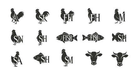 Collection of black and white animal silhouettes with textual interweaving for logos