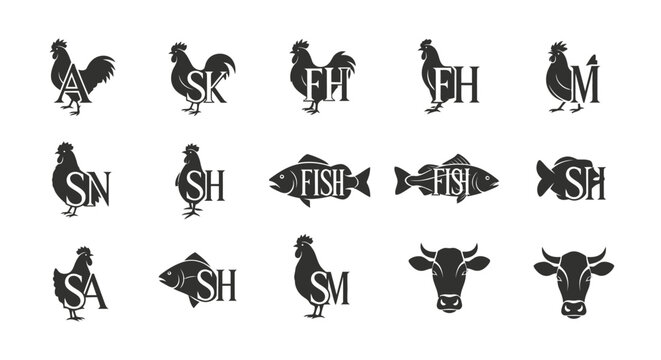 Collection of black and white animal silhouettes with textual interweaving for logos