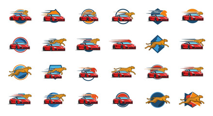 Collection of dynamic logos featuring sleek red sports cars and agile cheetahs for branding design