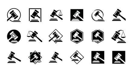Diverse collection of gavel icon illustrations representing legal concepts and justice symbol