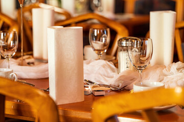 The wedding table in close up view with bokeh background