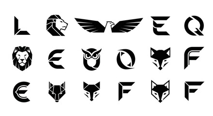 Collection of bold animal icons and geometric lettermarks for company branding solutions