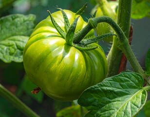 Close-up of a vibrant, unripe heirloom fruit with green and yellow striations, attached to its vine, surrounded by leafy foliage
