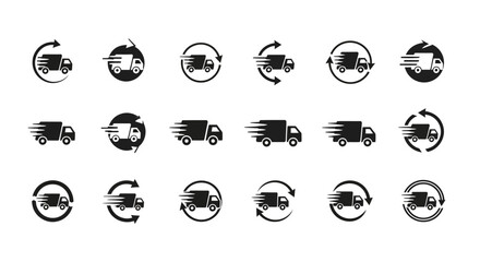 Diverse set of transport icons portraying express delivery services and swift distribution networks