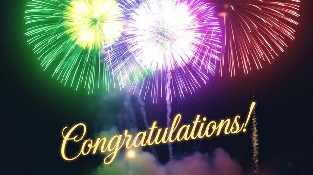 Colorful fireworks exploding in the night sky above the word congratulations in glowing script font