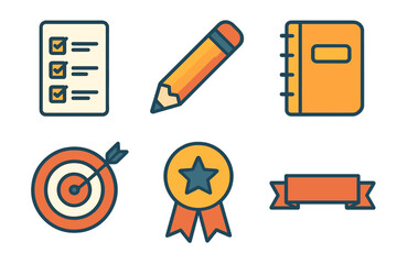 Goal Setting Icons. Goal Determination flat icon set: Checklist, Pencil, Notebook, Target, Arrow, Ribbon