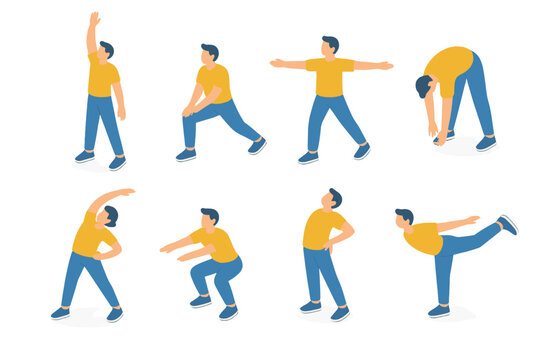 Isometric Stretching Icons. Full Body Stretch flat icons set. arm reach, leg lunge, torso twist, toe touch, side bend, squat, back arch, balance pose